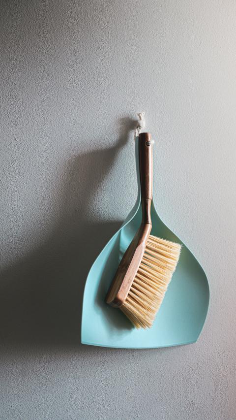 Light blue dustpan and wooden-handled brush